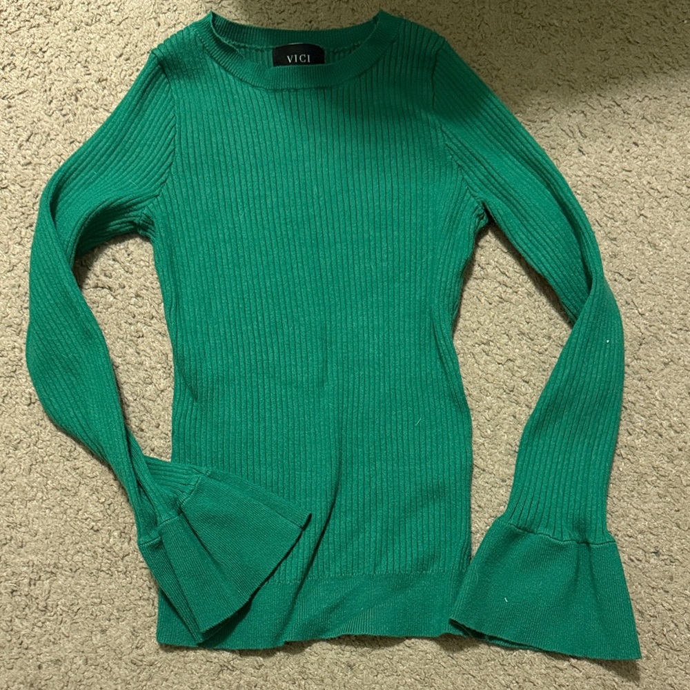 VICI Emerald Green Ribbed Bell-Sleeve Long Sleeve Top